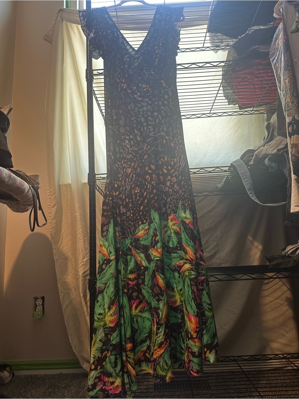 Robert Graham Black Maxi Dress with Green Tropical Leaf Border